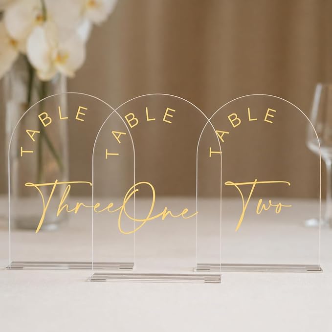 JINMURY Acrylic Arch Table Numbers with Stands, 5x7 Inch Acrylic Arch Sign Table Numbers for Wedding (Clear Gold Font, 5x7 Inch Table Number 1-30)