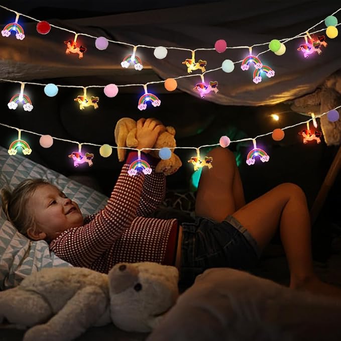 9.85 Ft Pom Pom Unicorn Rainbow String Lights, Colorful 20 LED Battery Operated Fairy Lights with Timer & 8 Flash Modes, Cute Kids Bedroom Decor Lights, Kawaii Unicorn Gifts for Toddler Teen Girls