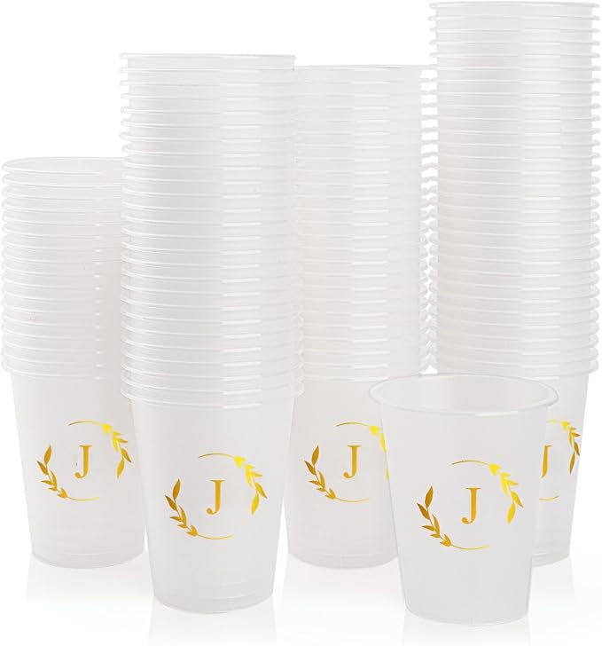 100 Monogrammed Cups Disposable Initial Plastic Cup 12 oz Wedding Personalized Cup for Wedding Reception Baby Shower Birthday Party(Letter J)