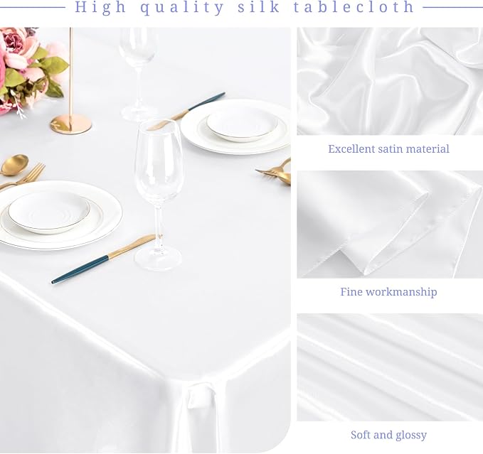 12 Pack White Satin Tablecloth, 57 x 108 Inch Silky Satin Table Cloth, Rectangle Bright Silk Tablecloth Smooth Fabric Table Covers Overlay Silky Table Decoration for Wedding Party Banquet Birthday