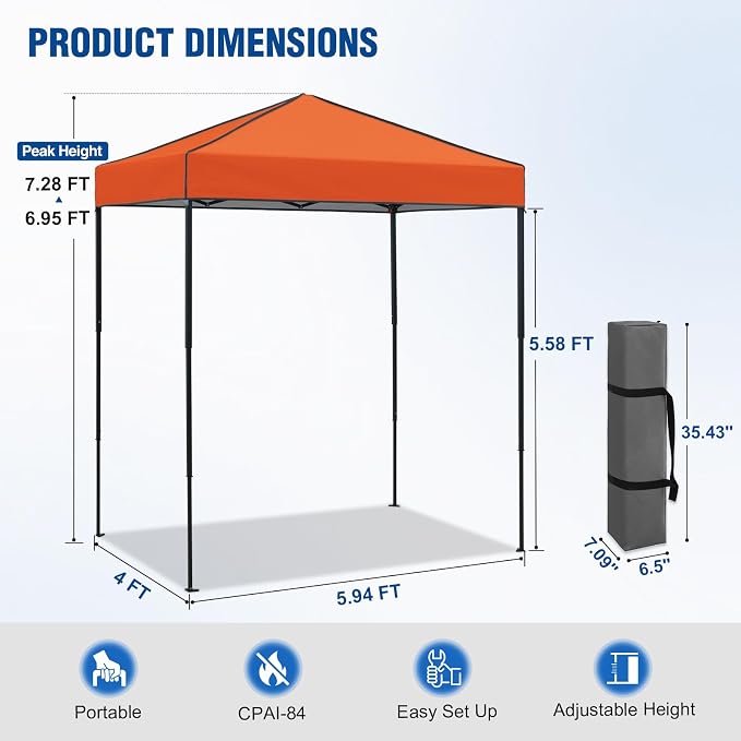 6x4 Pop Up Canopy Tent, Instant Portable Beach Canopy, Outdoor Tent with Carry Bag for Camping, Sports, Tailgating, Events, Orange