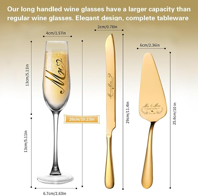 Mr and Mrs Champagne Flutes, Wedding Cake Knife and Server Set, Bride and Groom Champagne Glasses, Cake Cutting Set for Wedding, Bridal Shower Gifts, Engagement Gifts for Couples (Gold, Set of 4)