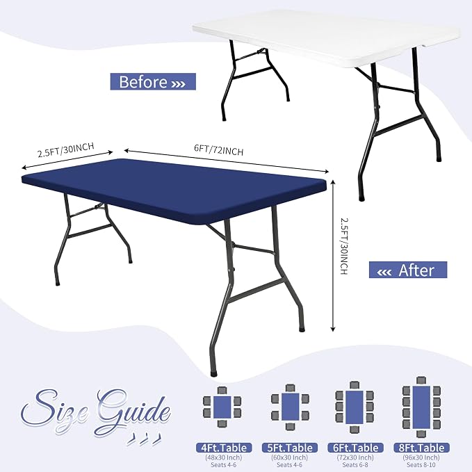 12 Pack Spandex Tablecloth Table Top Cap Cover, Navy Blue Stretch Table Covers for 6FT Tables, Elastic Rectangle Tablecloth Protector for Outdoor Party Picnic Wedding (Navy Blue,30" W x 72" L)