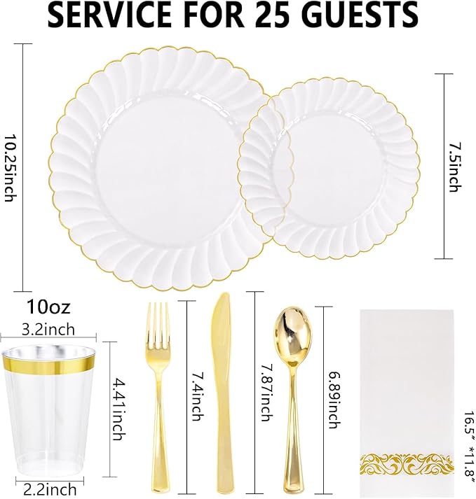 YOUBET 175PCS Gold Scalloped Plastic Plates - Clear and Gold Disposable Dinnerware Set Include 50 Plates, 75 Gold Silverware, 25 Cups, 25 Napkins for Party & Wedding
