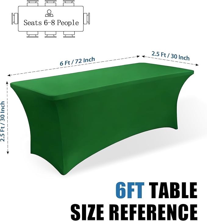 6FT Green Table Cloth - 2 Pack Fitted Stretch Rectangle Spandex Tablecloth, Washable Table Cover for Party, Picnic, Wedding, Banquet, Birthday and Festival(30" x 72")