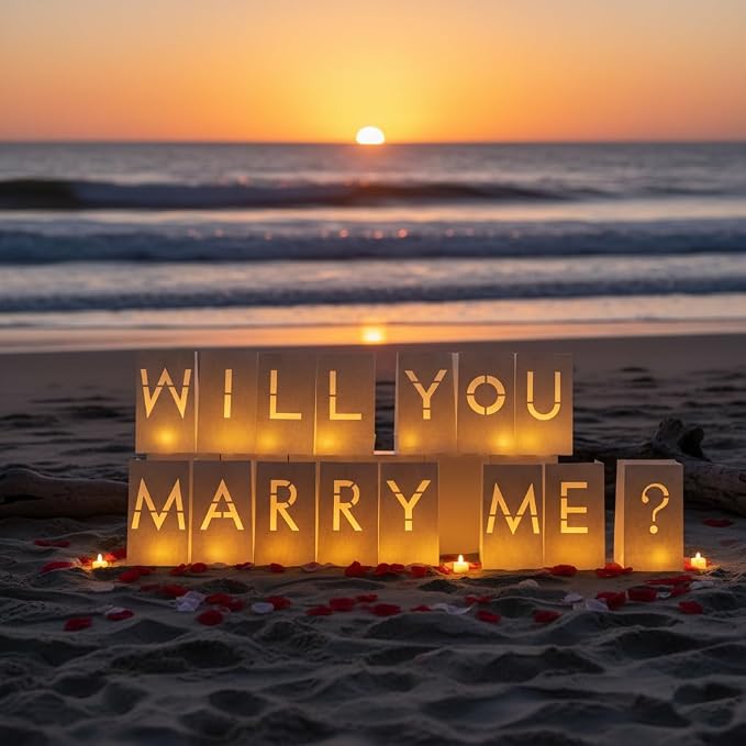 Will You Marry Me Sign - Marry Me Light Up Letters Set with Luminary Paper Bags, LED Tea Light Candles, Red Heart Balloons, Artificial Rose Petals - Proposal and Valentines' Day Decorations