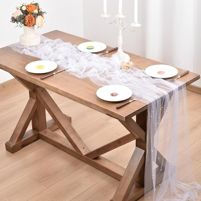 White Pearl Table Runner Boho Rustic Tulle Lace Dining Baby Shower Wedding Arch Decor Veil Dessert Holiday Centerpiece Table Decor 6pcs