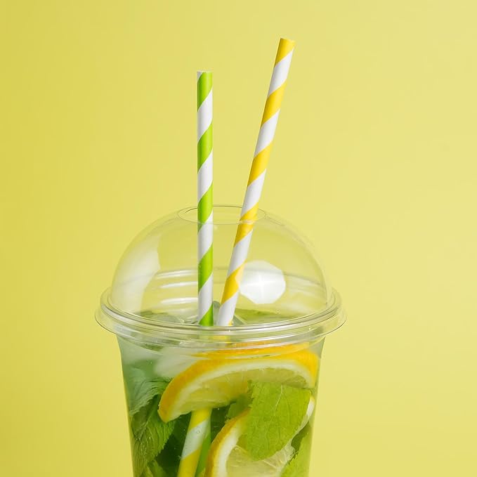 PakTalk [100 Pack] Green Straws, Disposable Biodegradable Paper Straws with Green and White Stripes for Cocktails, Milkshake, St. Patrick and Christmas Party (0.24" x 7.75")