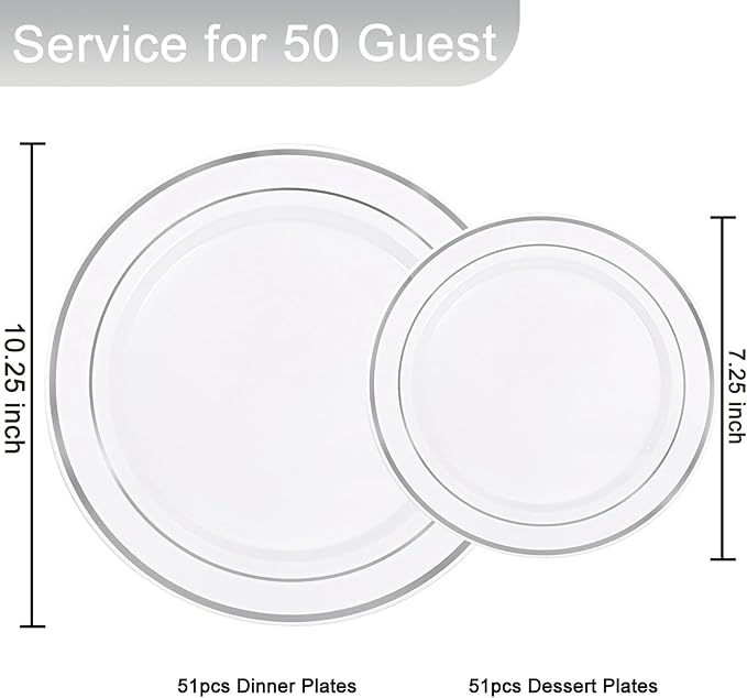 Supernal 102pcs White and Silver Plastic Plates Disaposable Party Plates White Silver Rim Heavy Duty Fancy Silver Plastic Dinnerware Set included 51 Dinner & Dessert Plates for Valentine's Day