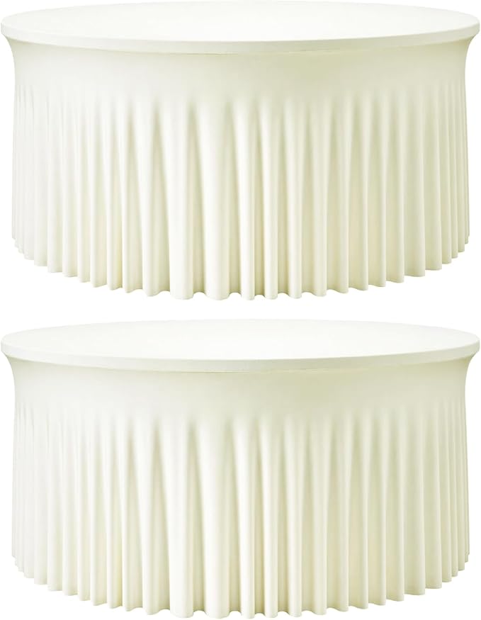 2 Pack Ivory 60 inch Round Spandex Tablecloth, Washable Stretchy Fitted 5FT Round Tables,Elastic Edge with Skirt, Wrinkle-Free Table Cloths for Wedding Banquet Party Birthday Buffet