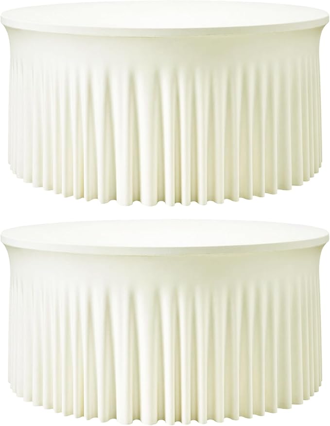 2 Pack Ivory 72 inch Round Spandex Tablecloth, Washable Stretchy Fitted 6FT Round Tables,Elastic Edge with Skirt, Wrinkle-Free Table Cloths for Wedding Banquet Party Birthday Buffet