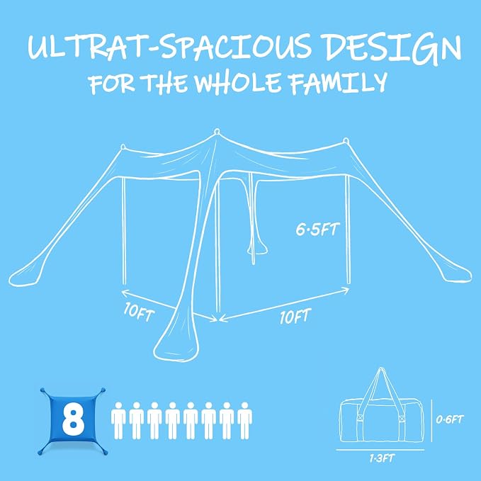 Sekey Aluminum Beach Shade Sun Shelter UPF 50+ - 10x10 FT Portable Beach Canopy with Windproof Rope & Stability Poles, Easy Setup Outdoor Tent for Camping, Backyard, Fishing, Picnics