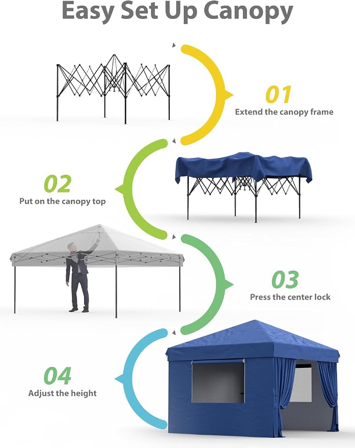 GarveeLife 10 ft x10 ft Pop Up Canopy Tent with 4Pcs Sidewalls, Portable Instant Commercial Canopy with 4 Stakes, 4 Ropes, 4 Sandbags for Farmers' Market, Patio, Outdoor, Camping, Blue