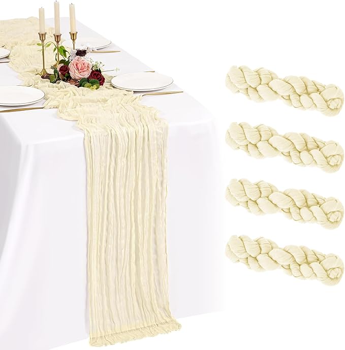 4 Pack Cheesecloth Table Runner 10FT Beige Table Runner Boho Gauze Cheese Cloth Table Runners Long Rustic Sheer Table Decorations for Wedding Party Baby Bridal Shower Birthday Holiday Home