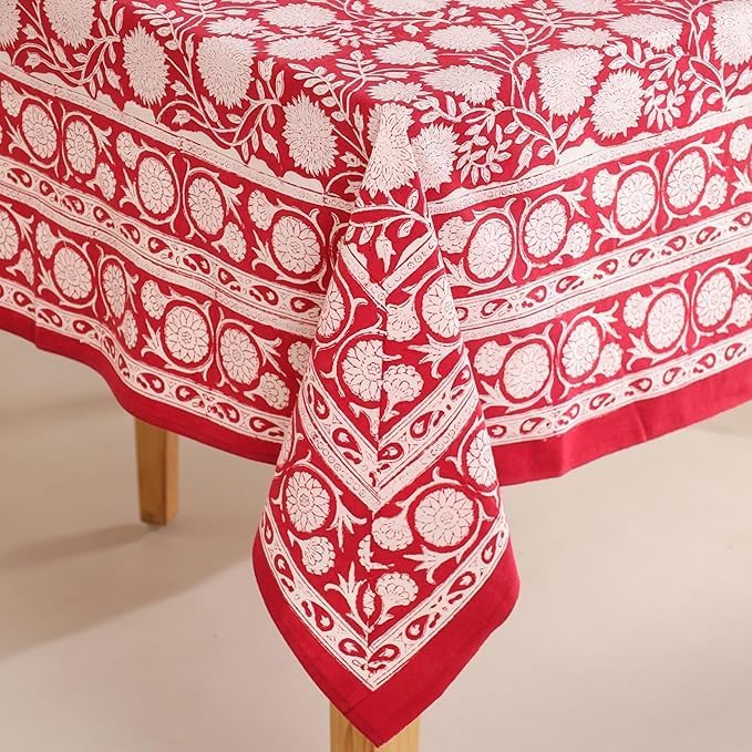 Hand Block Printed Tablecloth, Colorful Floral Print, Indian Artisan Handmade Art, Dining Room, Kitchen, Outdoor Décor, (Cloudy Red Grace, 12 Seater 72 x 135 Inches Rectangle)