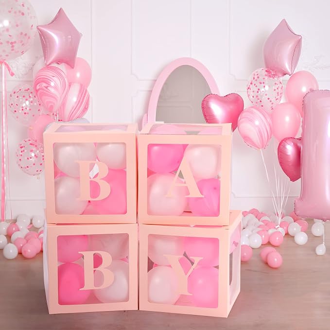 Baby Boxes with Letters for Baby Shower, Baby Shower Decorations with 4 Transparent Balloon Boxes for Girl Baby Shower Gender Reveal Decorations(Pink)