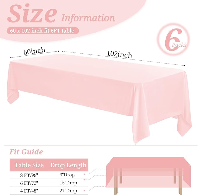 YMHPRIDE 6 Pack Pink Polyester Tablecloths, 60 x 102 inch, Rectangular, Wrinkle Resistant, for 6FT Tables, Parties, Weddings, Banquets, Indoor/Outdoor Use