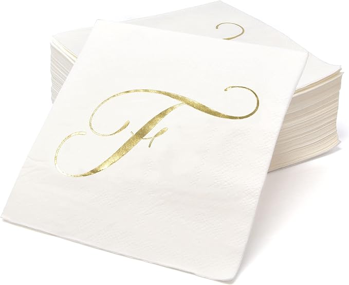 100 Monogram Letter F Cocktail Napkins Gold Foil Initial Disposable Paper Elegant Personalized Beverage Napkins Wedding Party Tableware
