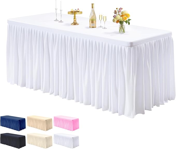 PARTISKY 1 Pack White Tablecloths for Rectangle Tables 6ft, Wrinkle Resistant White Table Cover Fitted Stretch Table Cloth with Pleated Ruffle Skirts for Party Banquet Dining Birthday Wedding