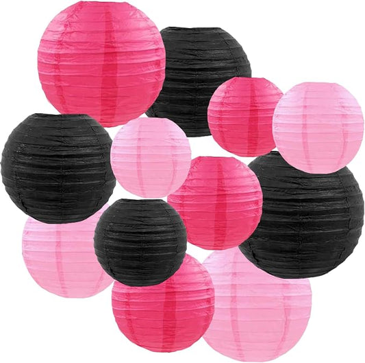 CC wonderland zone 12pcs Hot Pink and Black Paper Lanterns,Hanging Paper Lanterns for Girls Birthday Party Decorations