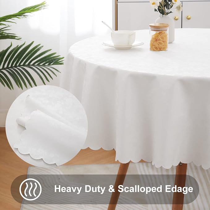 Smiry Round Table Cloth, Waterproof Heavy Duty Vinyl Tablecloths, Wipeable Washable Table Cover for Kitchen and Dining Room (White, 70" x 70")