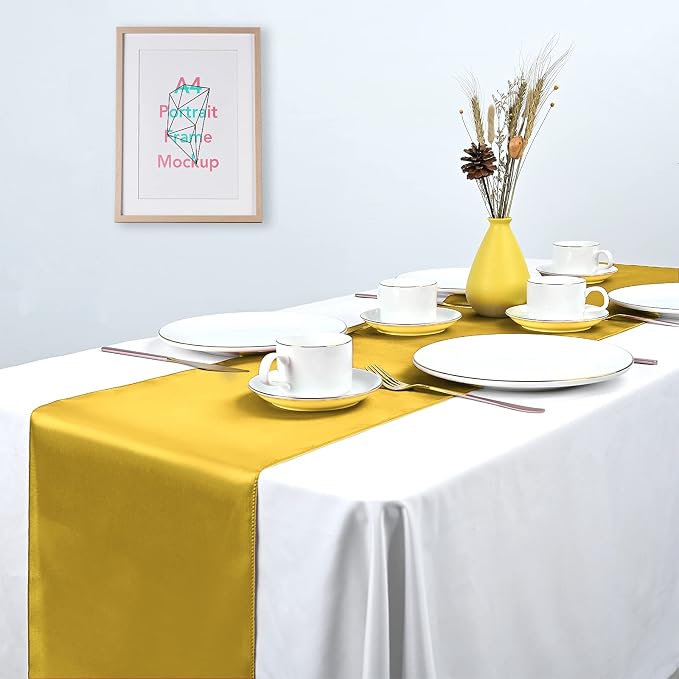 Pesonlook 15 Pack Gold Satin Table Runners 12 x 108 Inch Long Table Runners for Rectangle Round Tables, Smooth Satin Table Runner for Wedding, Birthday Party Banquets Decoration