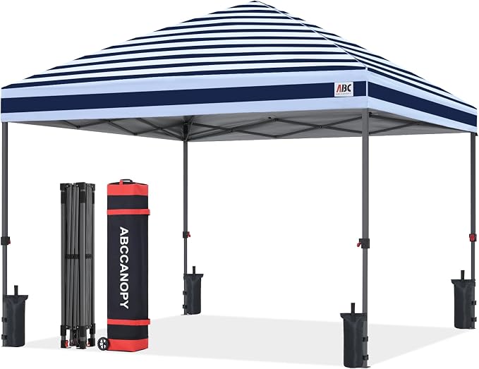 ABCCANOPY 10x10 Pop Up Canopy Tent, Easy Setup Instant Shelter with Wheeled Bag, Heavy Duty Outdoor Canopy for Beach, Market, Backyard, Outdoor Weather Protection (Navy Blue Stripes, 10x10)