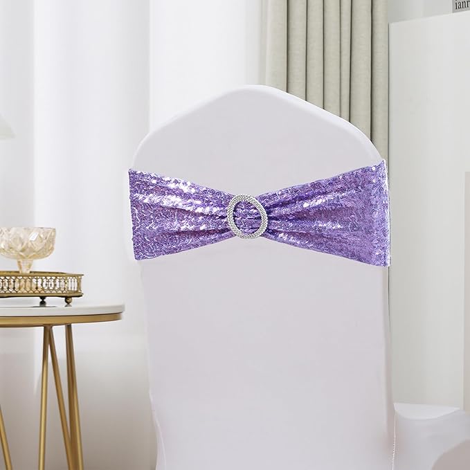 Pack of 50 Sequin Lavender Chair Sashes Bands with Buckles, All Around Sequins Chairs Bows for Party Wedding Fiesta Engagement Banquet Bridal Shower Anniversary Decor Glitter Chairs Ties