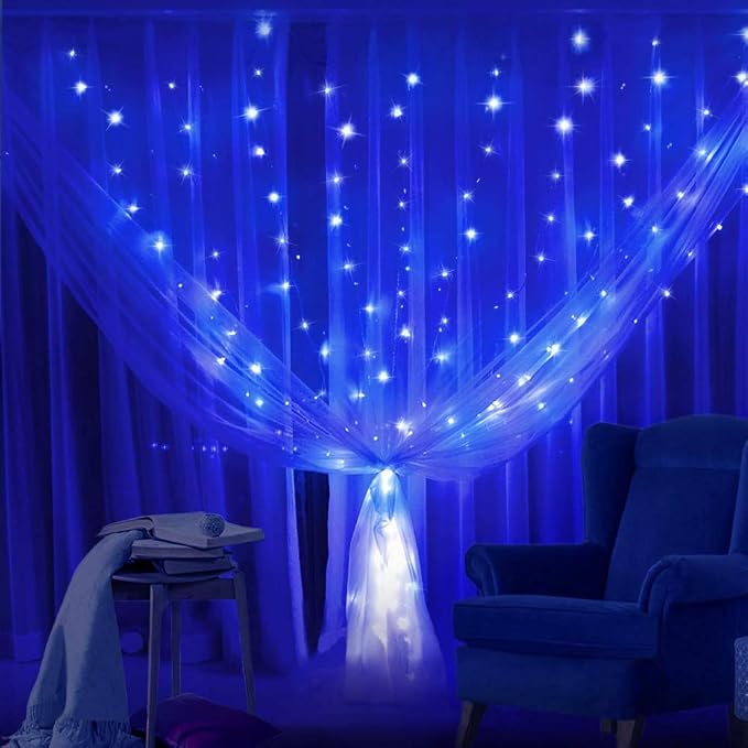 HEYFUNi Blue Christmas Curtain Lights Plug in, 304 LED 9.8FT x 9.8FT | 8 Modes Blue Bachdrop Lights with Memory, Hanging String Lights for Bedroom, Wedding, Christmas, Party, Patio, Dorm Decor