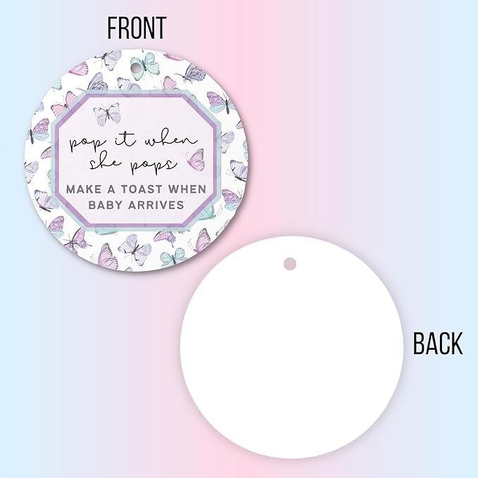 Pop It When She Pops Butterfly Tags | 30 pk, 2.5” Purple Labels for Champagne Mini Bottles Pink Bubbly Favor Hang for Baby Shower or Gender Reveal