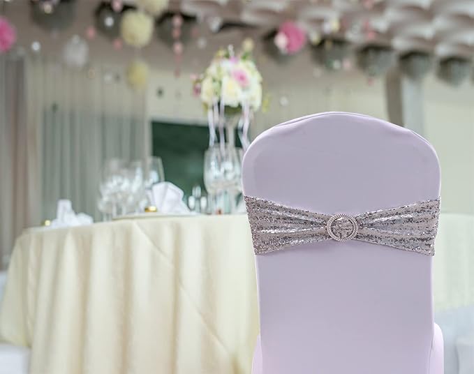 Sequin Silver Chair Sashes 100 Pack - Glitter Chair Bows Bands with Buckle for Wedding Birthday Party Bridal Shower Anniversary Engagement Christmas Events Decorations