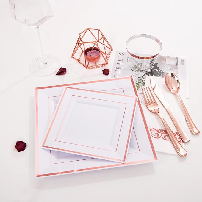 WDF 300 Pieces Rose Gold Plastic Silverware- Disposable Flatware Set - Heavy Duty Plastic Cutlery Includes 100 Forks, 100 Spoons, 100 Knives Perfect for Wedding/Party/Birthday/Mother's Day