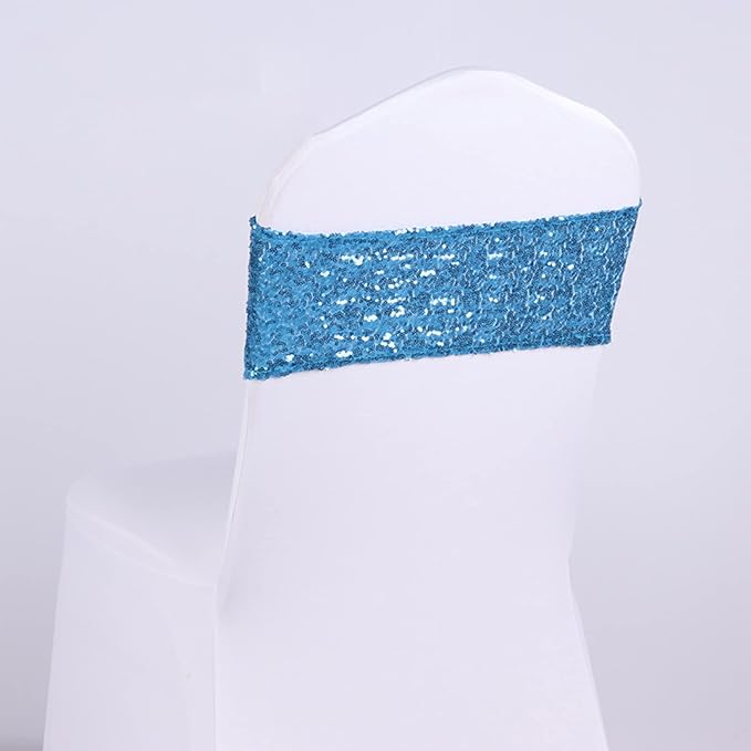 Pack of 50 Stretch Sequin Chair Sashes Chair Bands One-Sided Sequins Decor for Hotel Wedding Reception Events Party Chair Cover Decoration (Turquoise)