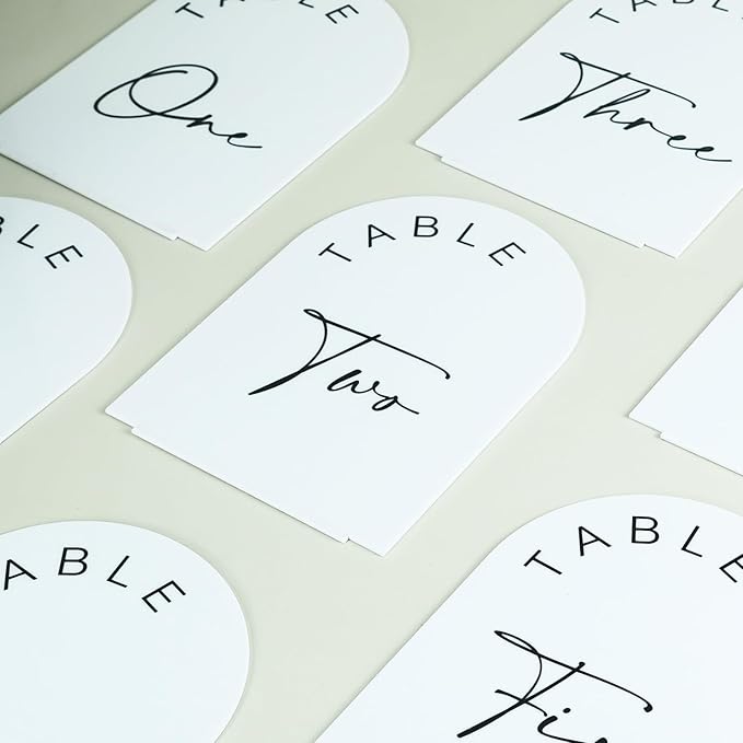 JINMURY White Arch Wedding Table Numbers 1-15 with Stands, 5x7 Inch Acrylic Arch Sign with Black Lettering, White Acrylic Table Numbers for Wedding Reception