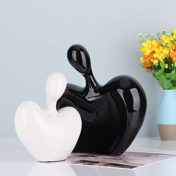 Ceramic Love Statue, Male and Female Couple embracing Sculpture, Black and White Home Decor, Wedding for Parents, Love Sign Figurines on The Shelf in The Living Room 2-Piece Set
