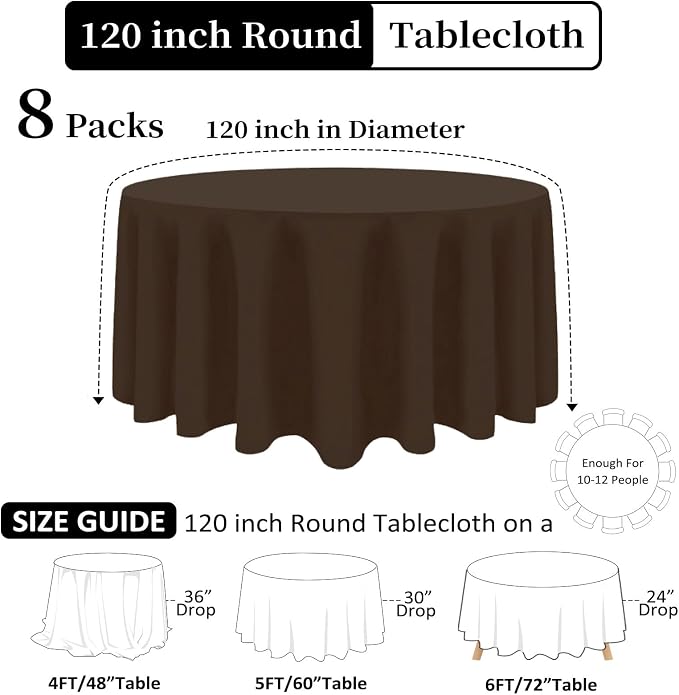8 Pack Brown Round Tablecloth 120 Inch Stain and Wrinkle Resistant Round Brown Table Cloth Reusable and Washable Polyester Fabric for Buffet Wedding Party and Banquet