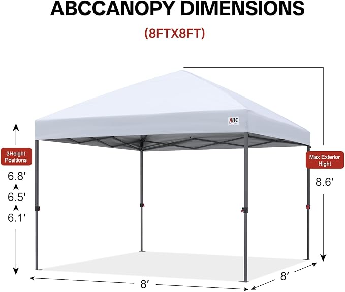 ABCCANOPY 8x8 Pop Up Canopy Tent, Easy Setup Instant Shelter with Wheeled Bag, Heavy Duty Outdoor Canopy for Beach, Market, Backyard, UV Protection, Outdoor Weather Protection (Light Gray, 8x8)