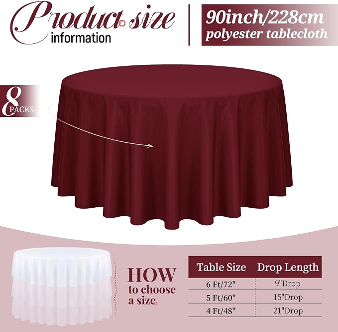 Pesonlook 8 Pack 90 Inch Burgundy Round Table Cloths, Premium Polyester Round Tablecloth Wrinkle Resistant Washable Table Cover for Wedding, Party, Dining,Banquet,Buffet