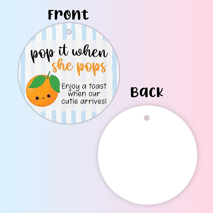 Little Cuties Pop It When She Pops Hang Tag 30pk 2.5” Circles Labels Baby Shower Summer Oranges Champagne Favors Tags