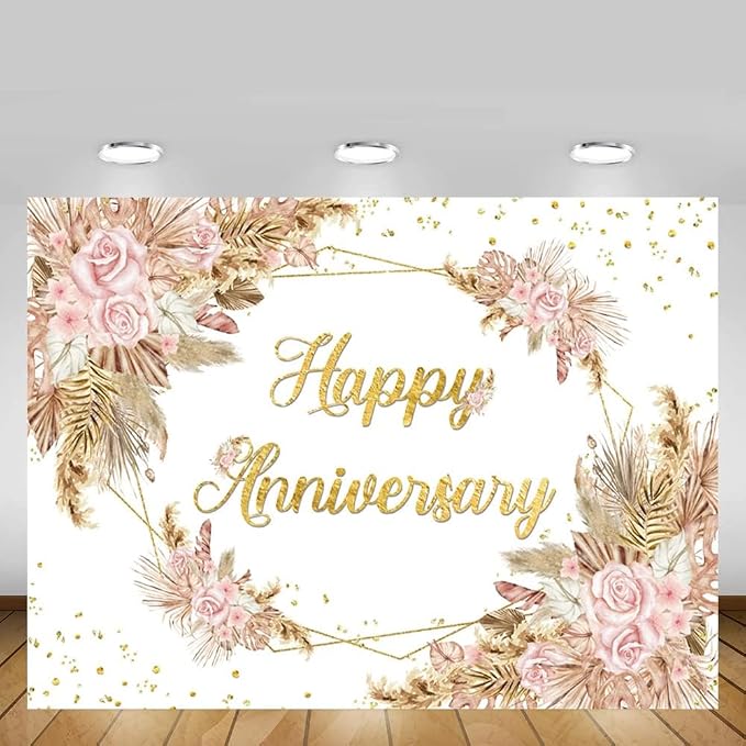 MEHOFOND 10x7ft Boho Happy Anniversary Backdrop Pampas Grass Engagement Banner Bohemia Couple Love Cheers Years 50th Wedding Birthday Party Decorations Blush Pink Floral Photography Background