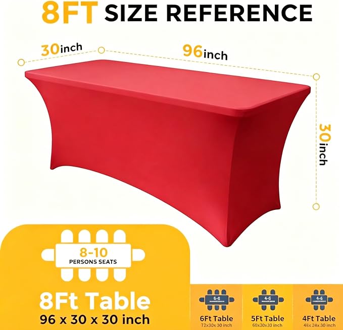 Red Spandex Tablecloth 6 Pack, 8FT Fitted Stretch Table Cloth with Reinforced Foot Pockets for 96 x 30 x 30 Inch Rectangle Tables, Washable Table Covers for Trade Shows, Weddings, Parties