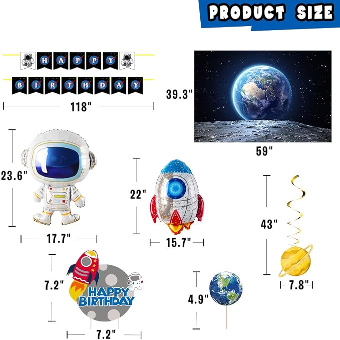 Outer Space Party Supplies, 87Pcs Party Decorations - Rocket Balloons, Solar System Swirl Decorations, Cupcake Toppers, Astronaut Birthday Banner, Backdrops