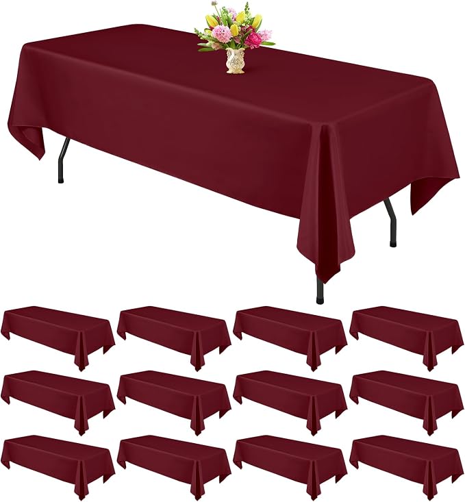 Teruntrue 12 Packs Burgundy Tablecloths 60x102 inch Rectangle Table Cloth for 6 Foot Rectangle Tables, Washable Polyester Fabric for Wedding Parties Banquet Holiday Dinner Table Decorative, Burgundy