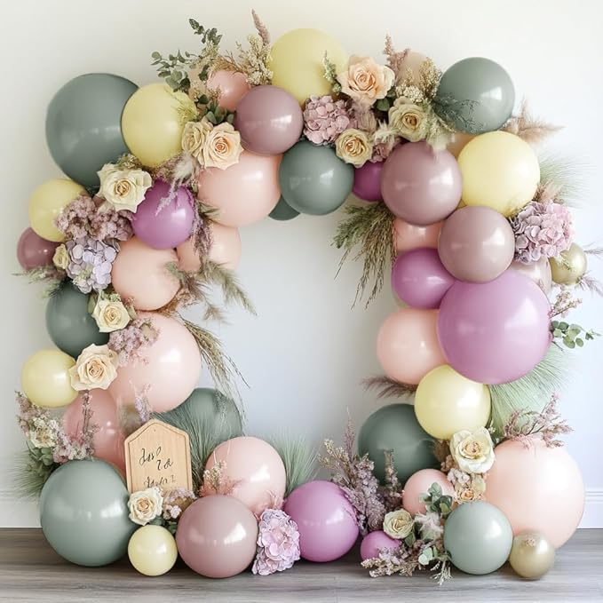 Dusty Green Pink Yellow Balloon Garland Double Stuffed Pastel Pink Yellow Haze Purple Green Floral Pastel Balloons Arch Kit for Birthday Wild Flower Tea Baby Shower Garden Party Decoration