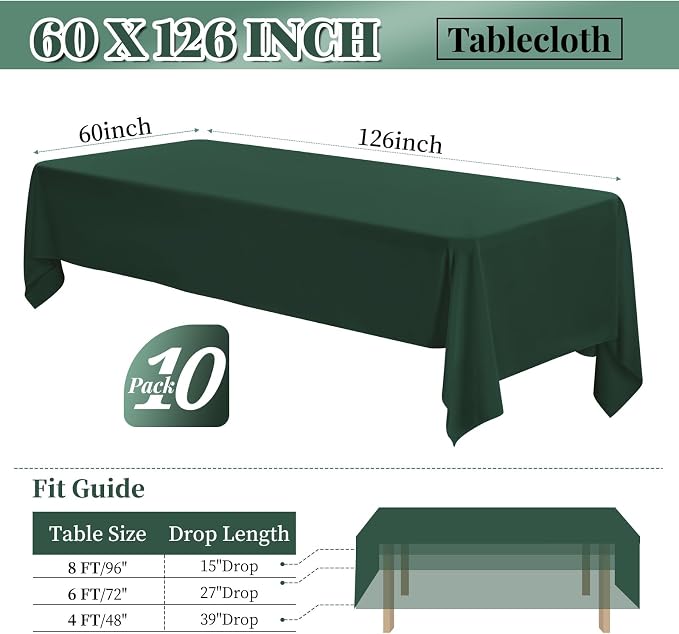 10 Pack 60 x 126 Inch Tablecloth, Hunter Green Tablecloth for 8 Feet Rectangle Tables, Stain and Wrinkle Resistant Washable Fabric Table Cloth for Wedding Party Dining Table Buffet Parties Camping