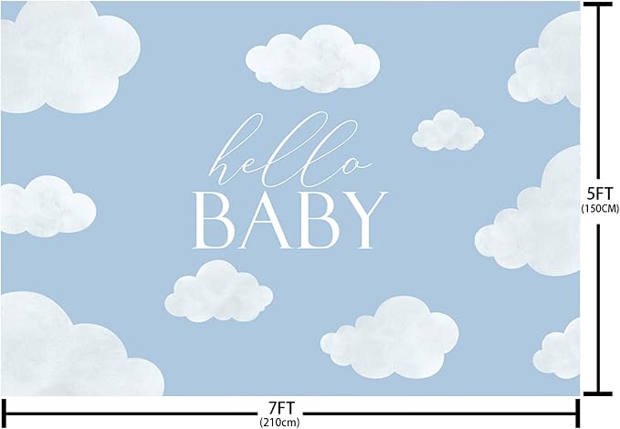MEHOFOND Hello Baby Baby Shower Backdrop Blue Baby Birthday Party Decorations Backdrop Blue Sky White Cloud Baby Shower Party Decorations Cake Table Banner Supplies Photo Studio Props(7x5ft)