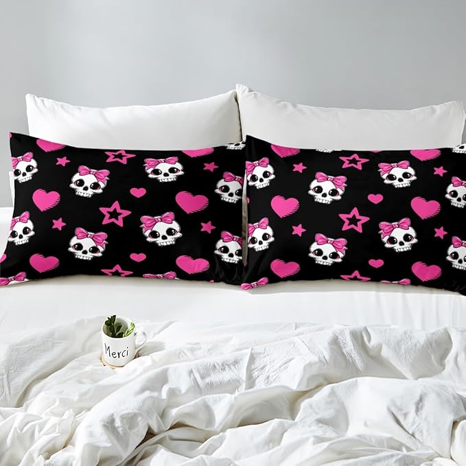 Cartoon Skull Bed Sheet Set Twin Size,Halloween Theme Cute Skeletons Sheet Set Kids Teens,Pink Hearts Stars Bow Black Bedding Decor Set with 1 Flat & 1 Fitted Sheet with 1 Pillow Sham