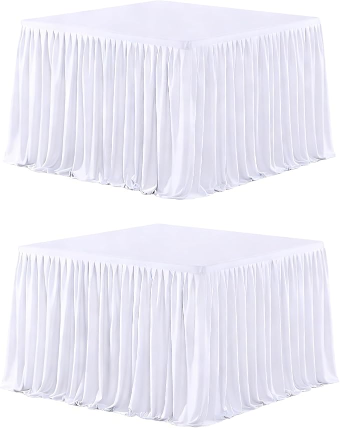 Wish Care 2 Pack White Square Table Clothes for 34 x 34 inch Tables, Polyester Fitted Tablecloths Stretch Table Cover for Wedding, Birthday, Parties, Trade Show, Craft Show