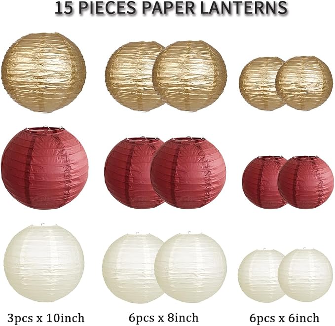 Paper Lanterns Party Decorations, Round Hanging Paper Lanterns Decorations for Graduation Bachelorette Wedding Birthday Party Supplies Maroon/Gold/Ivory 15pcs