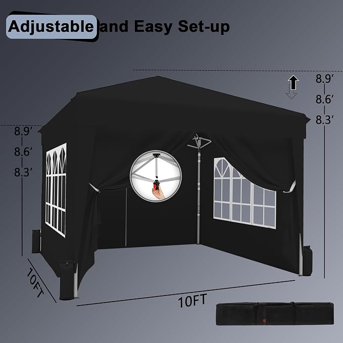 SANWAY 10x10 Pop Up Canopy with Sidewalls x 4 – Easy Setup Canopy Tent, Waterproof, UV-Resistant, Portable with Carry Bag for Outdoor Events, Camping, and Backyard Parties – Black